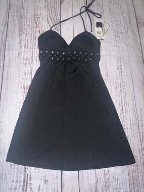 My Michelle NWT Black Y2K Studded Empire Waist Babydoll Halter Mini Dress-S